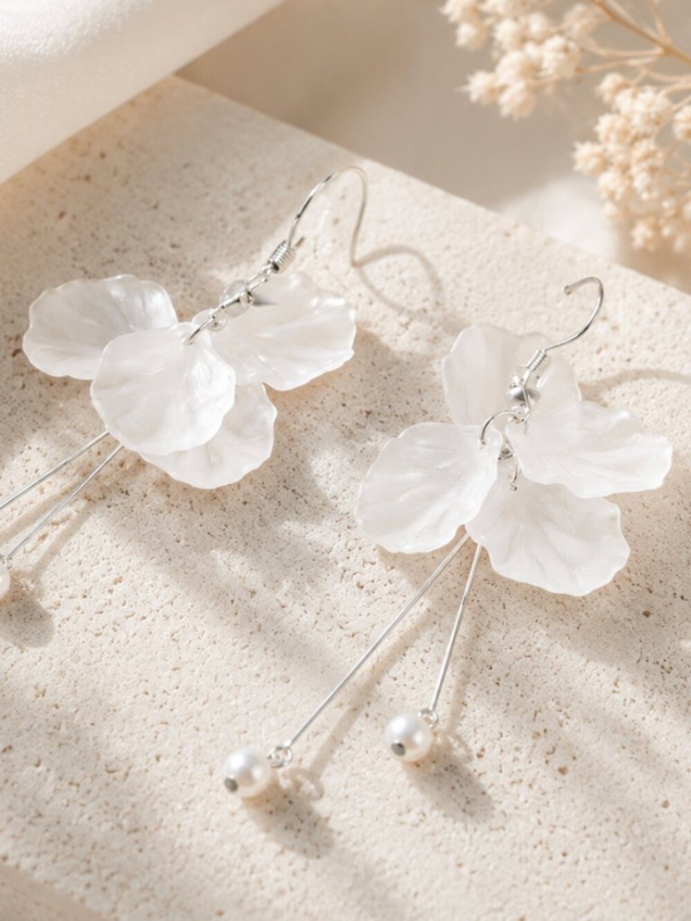 925 Sterling Silver White Flower Petal Drop Earrings Floral Earrings - Picture 2 of 3